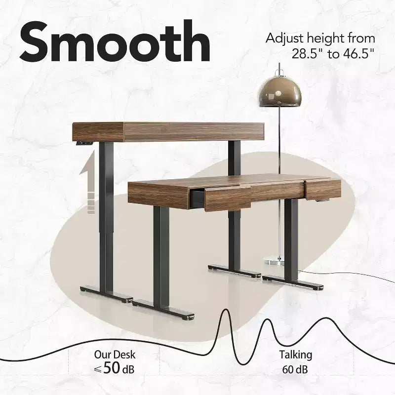 Bureau électrique de 122 cm avec tiroirs, bureau debout réglable en hauteur avec rangement, poste de travail informatique en noyer noir pour bureau à domicile