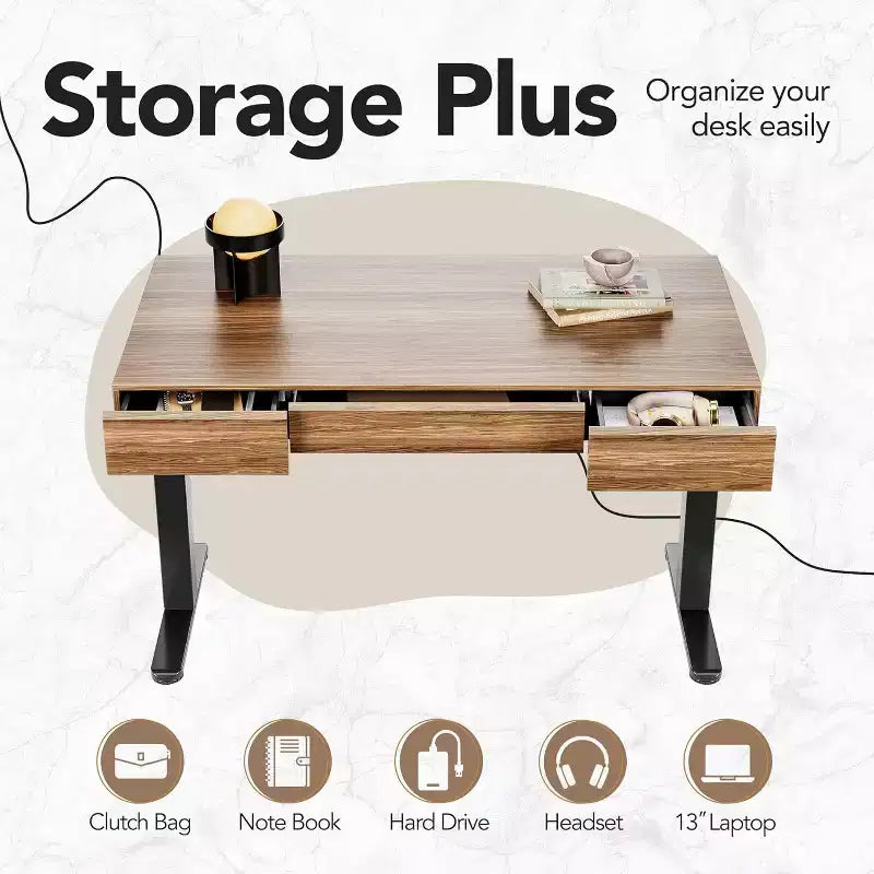 Bureau électrique de 122 cm avec tiroirs, bureau debout réglable en hauteur avec rangement, poste de travail informatique en noyer noir pour bureau à domicile