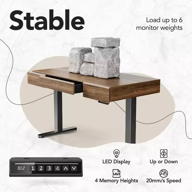 Bureau électrique de 122 cm avec tiroirs, bureau debout réglable en hauteur avec rangement, poste de travail informatique en noyer noir pour bureau à domicile