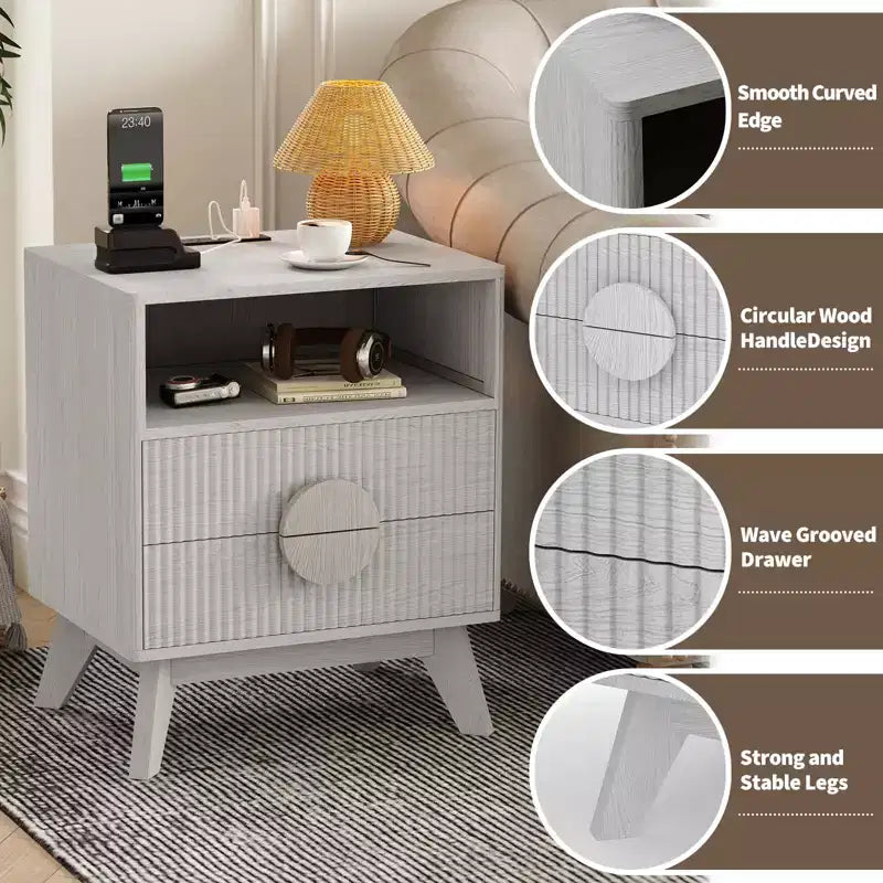 Table de chevet cannelée moderne, Table de chevet en bois avec tiroirs et étagère de rangement pour salon chambre à coucher