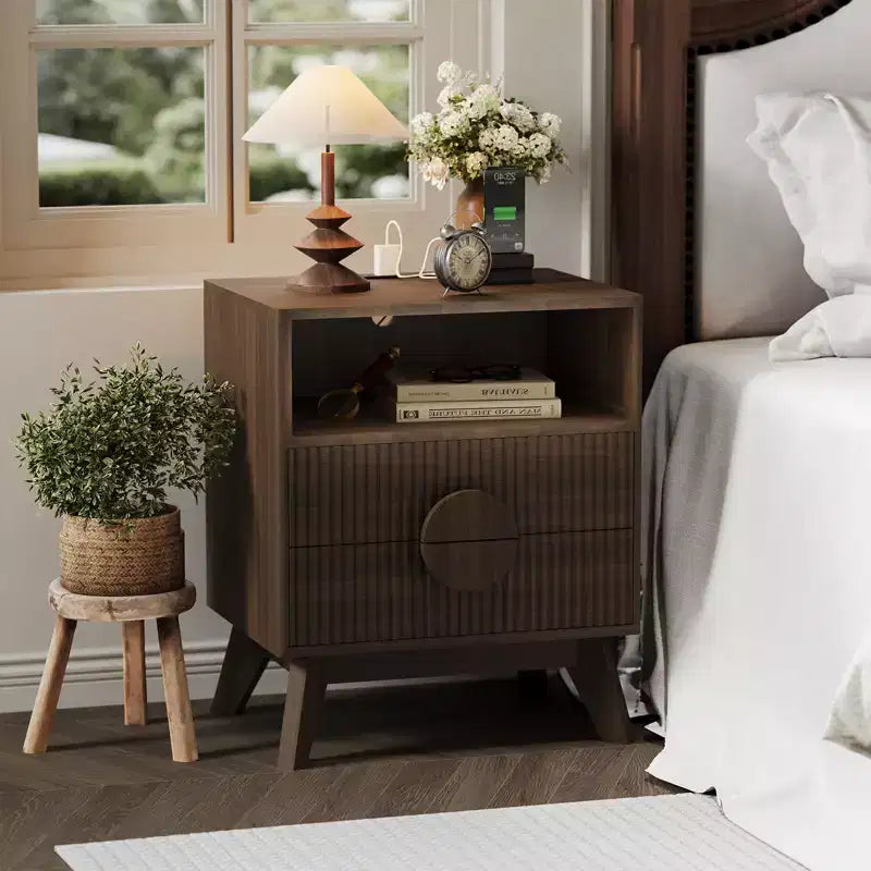 Table de chevet cannelée moderne, Table de chevet en bois avec tiroirs et étagère de rangement pour salon chambre à coucher