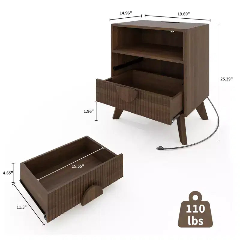 Table de chevet cannelée moderne, Table de chevet en bois avec tiroirs et étagère de rangement pour salon chambre à coucher