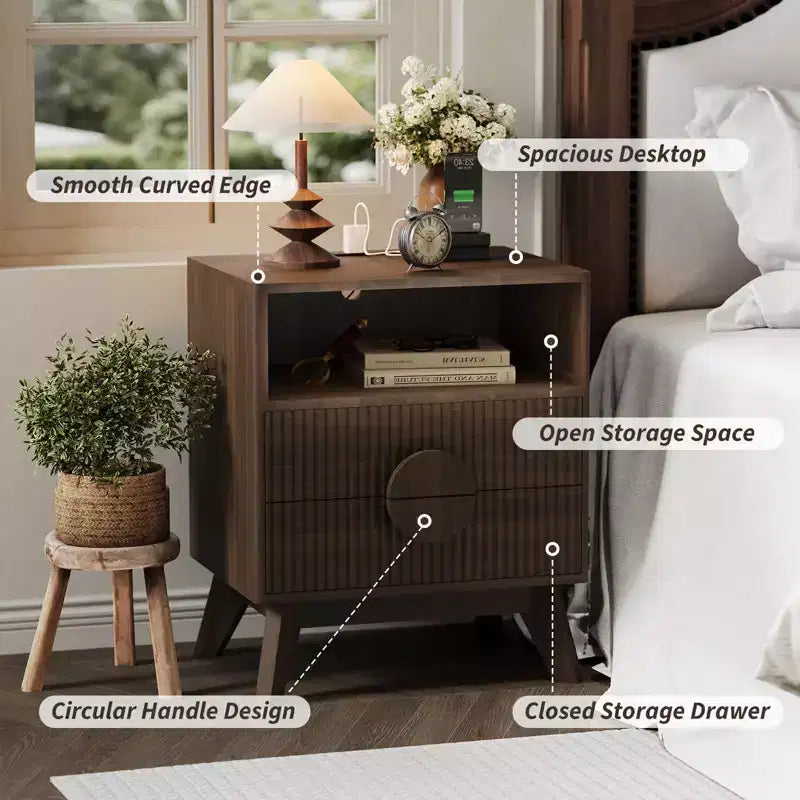 Table de chevet cannelée moderne, Table de chevet en bois avec tiroirs et étagère de rangement pour salon chambre à coucher