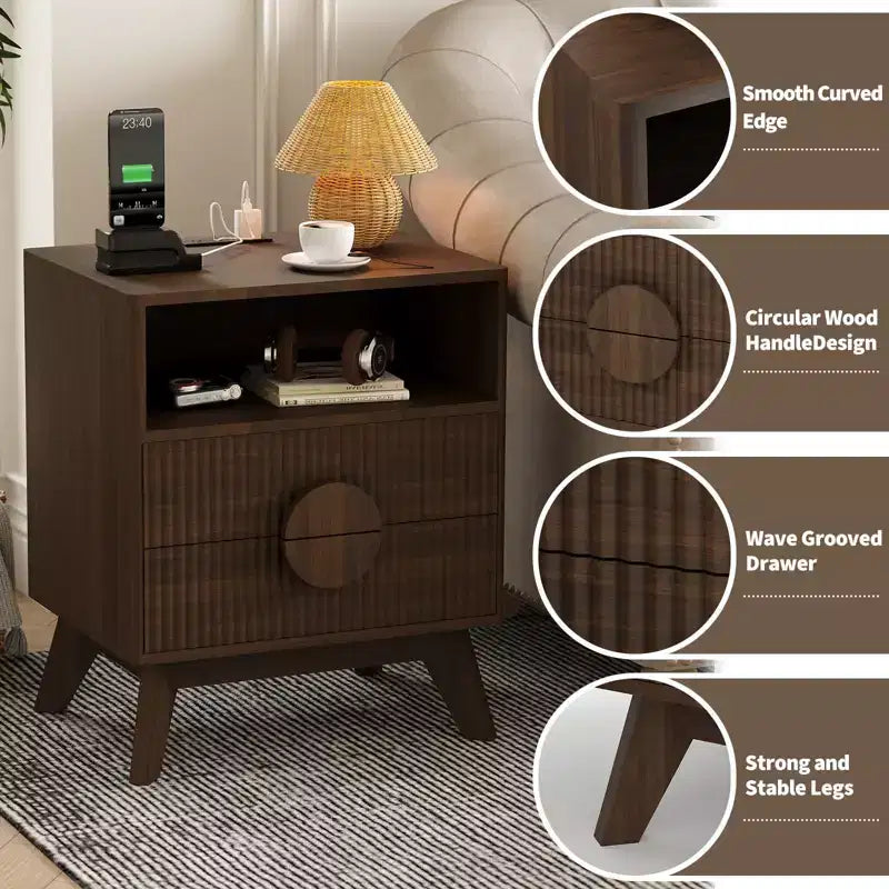 Table de chevet cannelée moderne, Table de chevet en bois avec tiroirs et étagère de rangement pour salon chambre à coucher
