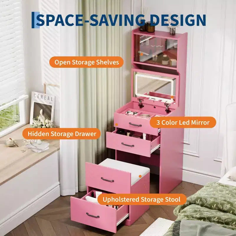 Coiffeuse 3 en 1 avec miroir rabattable et lumières, ensemble de coiffeuse compact avec tabouret de rangement caché, petite coiffeuse pour chambre à coucher, noir