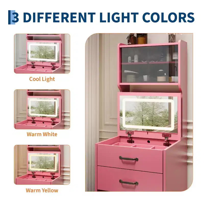 Coiffeuse 3 en 1 avec miroir rabattable et lumières, ensemble de coiffeuse compact avec tabouret de rangement caché, petite coiffeuse pour chambre à coucher, noir