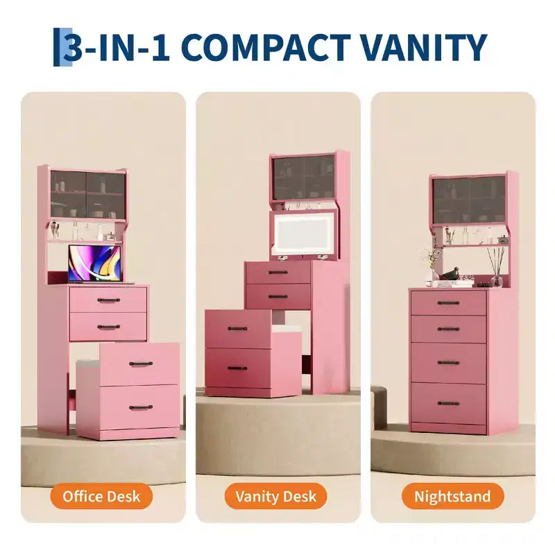 Coiffeuse 3 en 1 avec miroir rabattable et lumières, ensemble de coiffeuse compact avec tabouret de rangement caché, petite coiffeuse pour chambre à coucher, noir