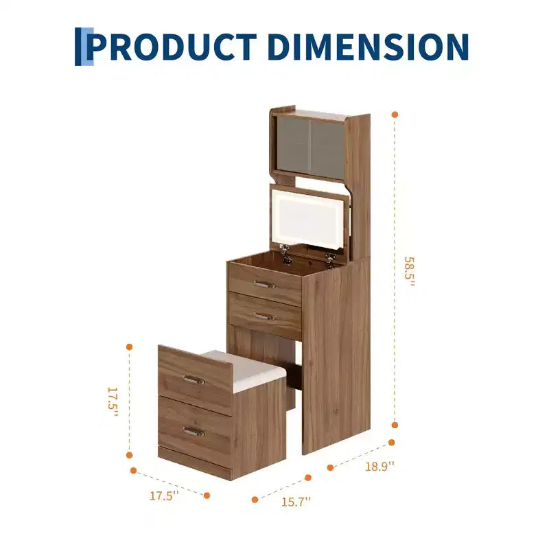 Coiffeuse 3 en 1 avec miroir rabattable et lumières, ensemble de coiffeuse compact avec tabouret de rangement caché, petite coiffeuse pour chambre à coucher, noir