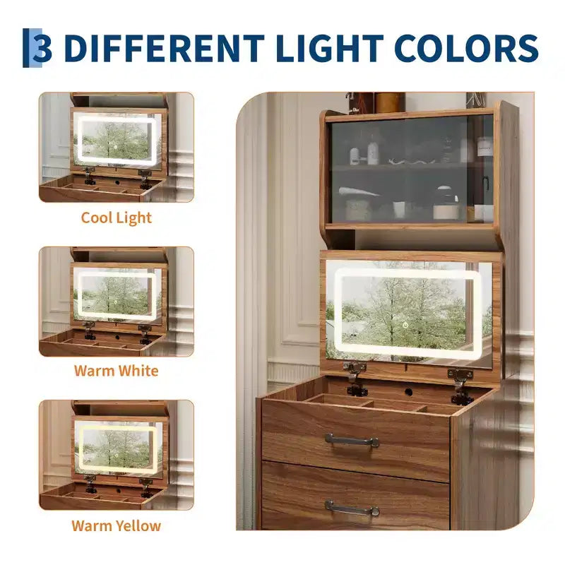 Coiffeuse 3 en 1 avec miroir rabattable et lumières, ensemble de coiffeuse compact avec tabouret de rangement caché, petite coiffeuse pour chambre à coucher, noir