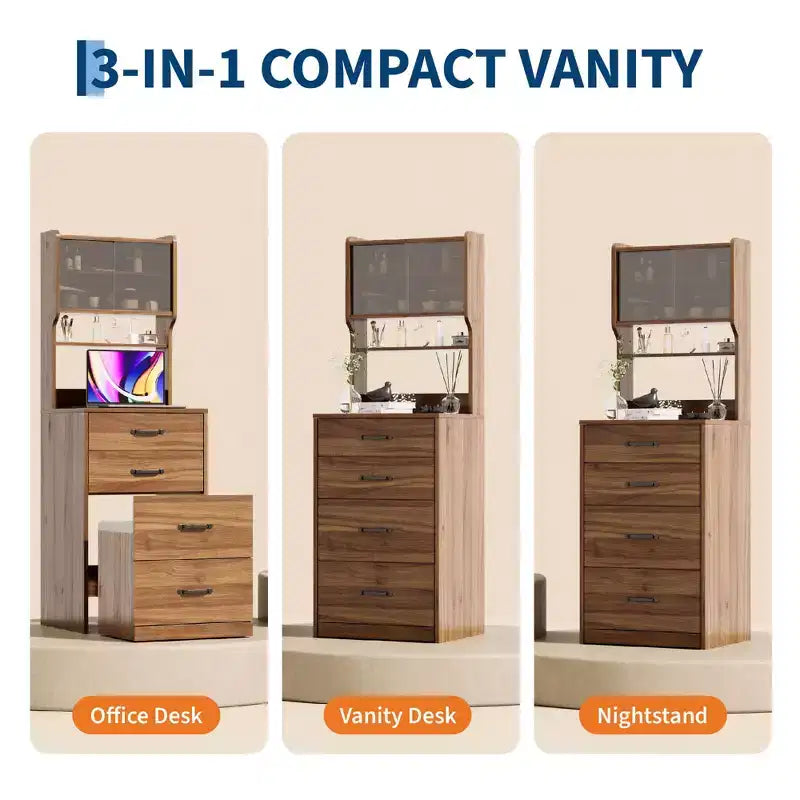 Coiffeuse 3 en 1 avec miroir rabattable et lumières, ensemble de coiffeuse compact avec tabouret de rangement caché, petite coiffeuse pour chambre à coucher, noir
