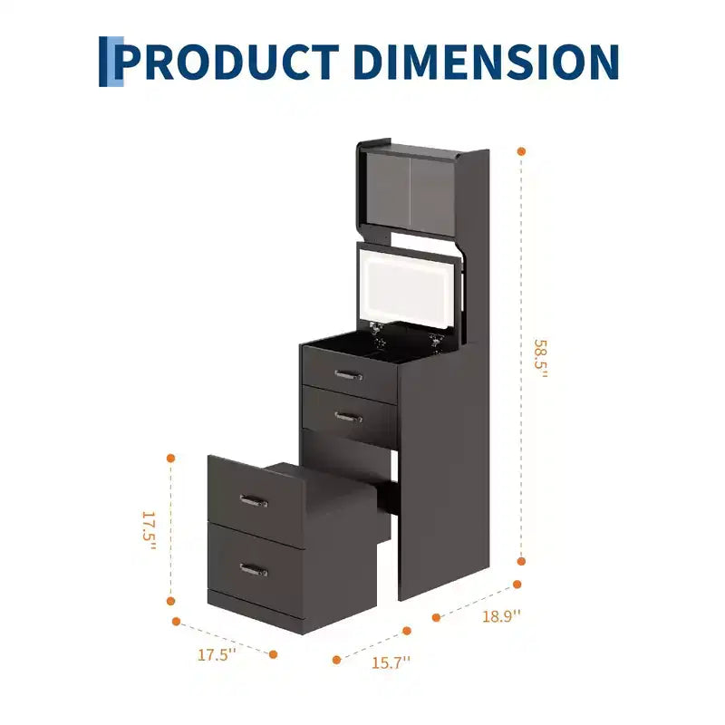 Coiffeuse 3 en 1 avec miroir rabattable et lumières, ensemble de coiffeuse compact avec tabouret de rangement caché, petite coiffeuse pour chambre à coucher, noir