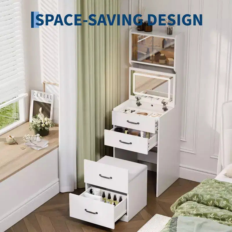 Coiffeuse 3 en 1 avec miroir rabattable et lumières, ensemble de coiffeuse compact avec tabouret de rangement caché, petite coiffeuse pour chambre à coucher, noir