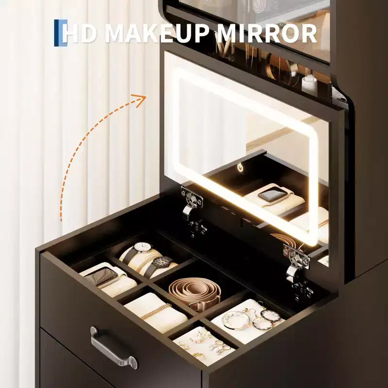 Coiffeuse 3 en 1 avec miroir rabattable et lumières, ensemble de coiffeuse compact avec tabouret de rangement caché, petite coiffeuse pour chambre à coucher, noir