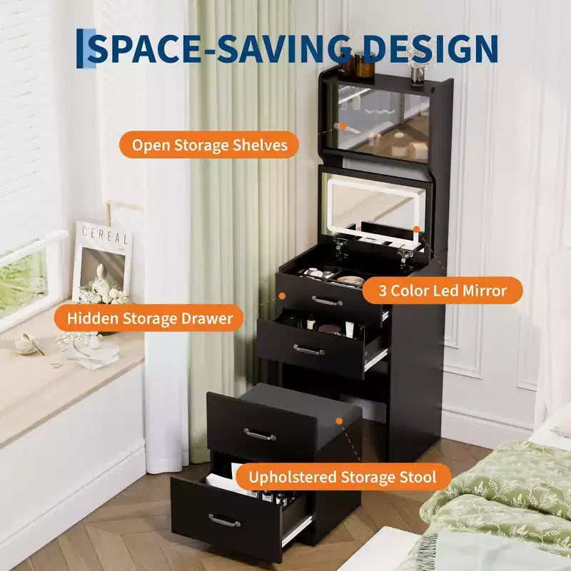 Coiffeuse 3 en 1 avec miroir rabattable et lumières, ensemble de coiffeuse compact avec tabouret de rangement caché, petite coiffeuse pour chambre à coucher, noir