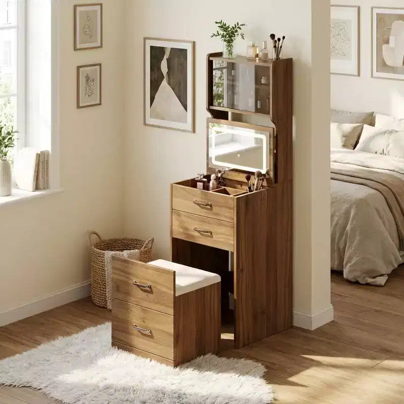 Coiffeuse 3 en 1 avec miroir rabattable et lumières, ensemble de coiffeuse compact avec tabouret de rangement caché, petite coiffeuse pour chambre à coucher, noir