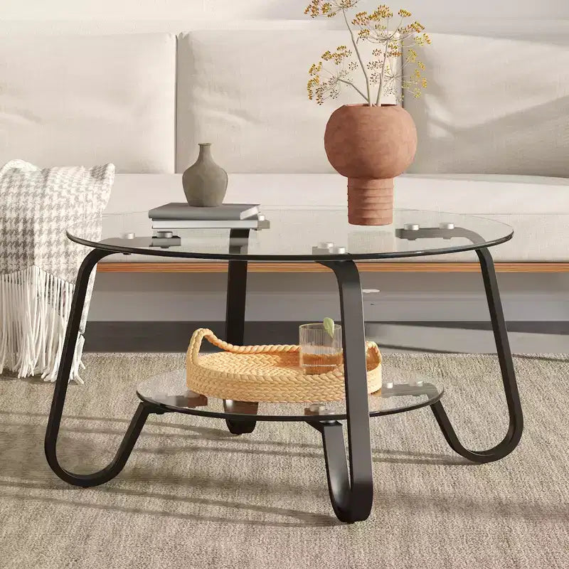 Table basse rétro minimaliste à cadre métallique avec double plateau en verre trempé, dimensions 80 x 80 x 45 cm