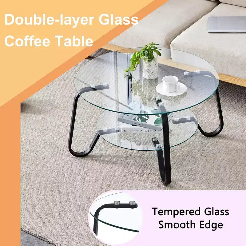 Table basse rétro minimaliste à cadre métallique avec double plateau en verre trempé, dimensions 80 x 80 x 45 cm
