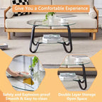 Table basse rétro minimaliste à cadre métallique avec double plateau en verre trempé, dimensions 80 x 80 x 45 cm