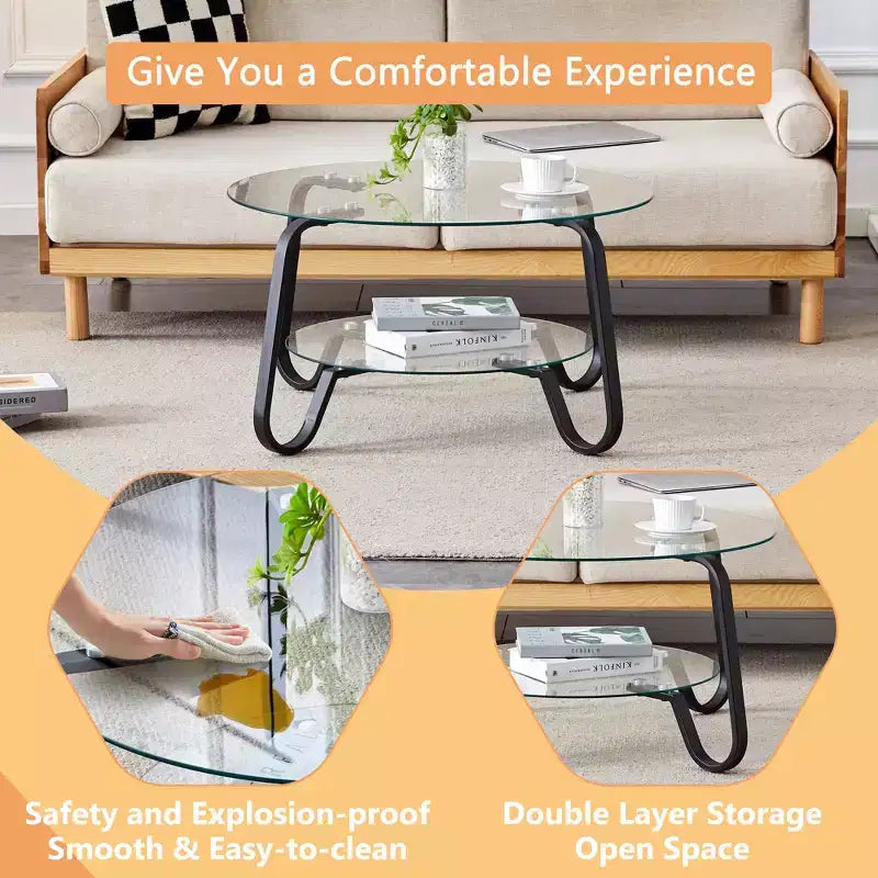 Table basse rétro minimaliste à cadre métallique avec double plateau en verre trempé, dimensions 80 x 80 x 45 cm