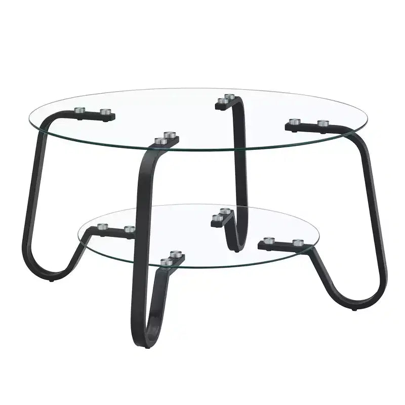 Table basse rétro minimaliste à cadre métallique avec double plateau en verre trempé, dimensions 80 x 80 x 45 cm
