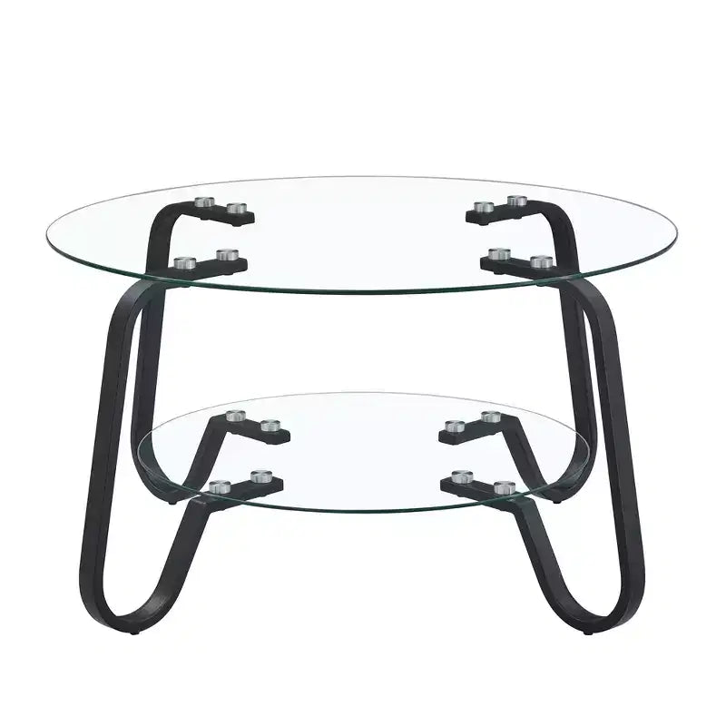 Table basse rétro minimaliste à cadre métallique avec double plateau en verre trempé, dimensions 80 x 80 x 45 cm