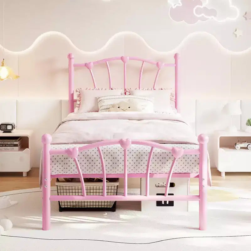 Cadre de lit plateforme en métal chic en forme de cœur - Plateforme robuste avec support à lattes, rangement sous le lit, pas besoin de sommier tapissier - Taille double, blanc
