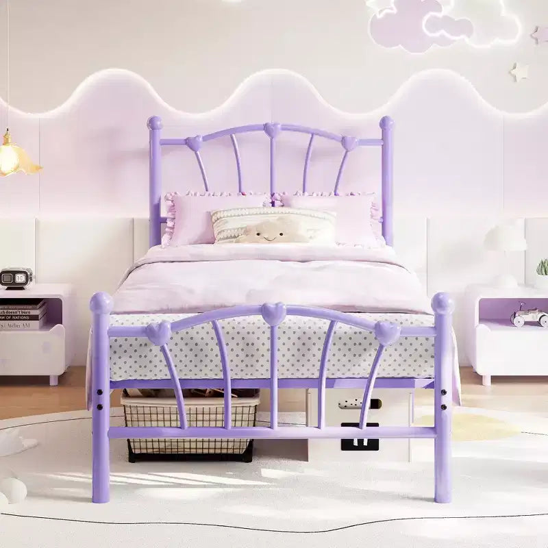 Cadre de lit plateforme en métal chic en forme de cœur - Plateforme robuste avec support à lattes, rangement sous le lit, pas besoin de sommier tapissier - Taille double, blanc