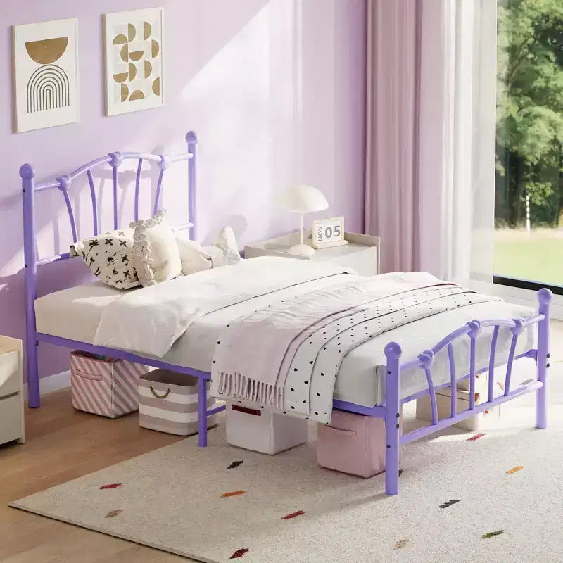 Cadre de lit plateforme en métal chic en forme de cœur - Plateforme robuste avec support à lattes, rangement sous le lit, pas besoin de sommier tapissier - Taille double, blanc