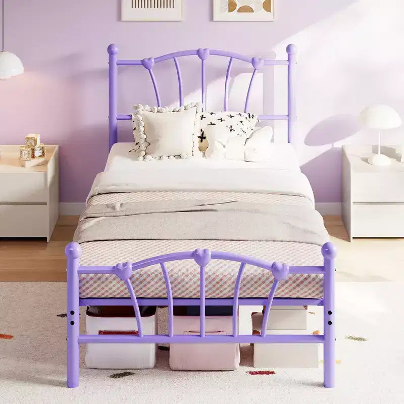 Cadre de lit plateforme en métal chic en forme de cœur - Plateforme robuste avec support à lattes, rangement sous le lit, pas besoin de sommier tapissier - Taille double, blanc