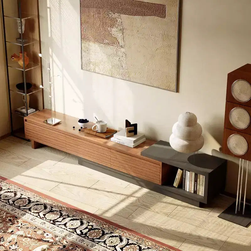 Meuble TV extensible Luck Live 78.74102.3 avec 3 tiroirs, façade texturée et console multimédia moderne pour salon