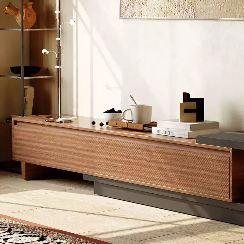 Meuble TV extensible Luck Live 78.74102.3 avec 3 tiroirs, façade texturée et console multimédia moderne pour salon