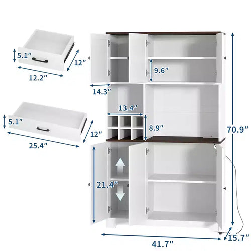 Armoire de cuisine blanche de 180 cm de haut, meuble de rangement de cuisine moderne style ferme, bar à café autoportant avec rangement