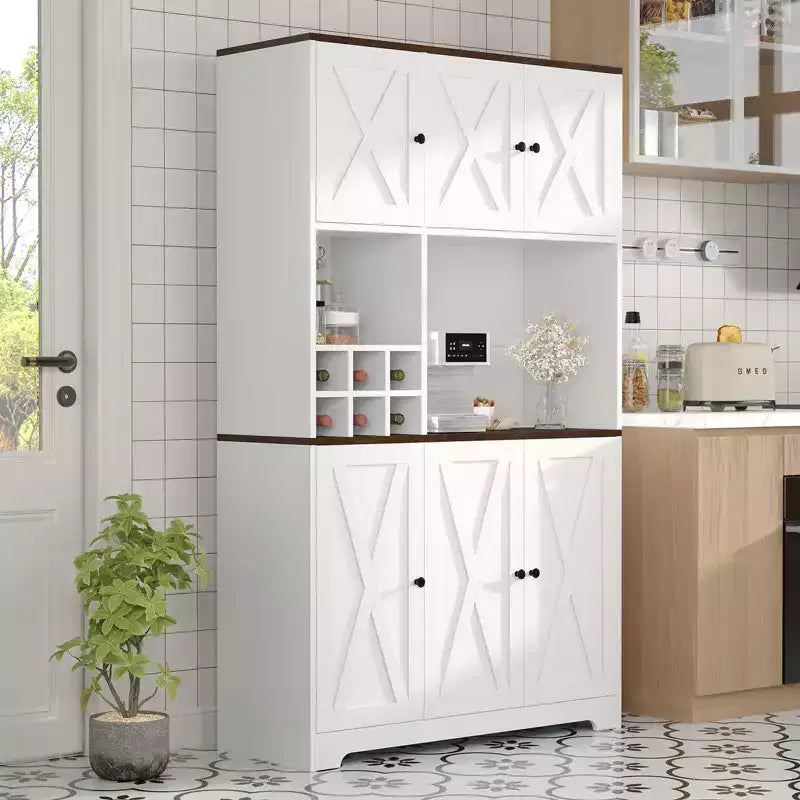 Armoire de cuisine blanche de 180 cm de haut, meuble de rangement de cuisine moderne style ferme, bar à café autoportant avec rangement