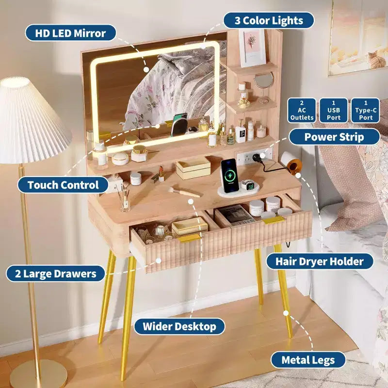 Coiffeuse de maquillage à LED de 31,5 pouces avec miroir et 2 tiroirs pour le rangement et l'organisation de la chambre