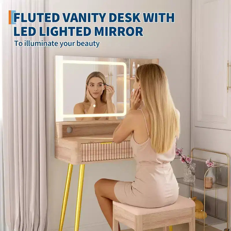 Coiffeuse de maquillage à LED de 31,5 pouces avec miroir et 2 tiroirs pour le rangement et l'organisation de la chambre