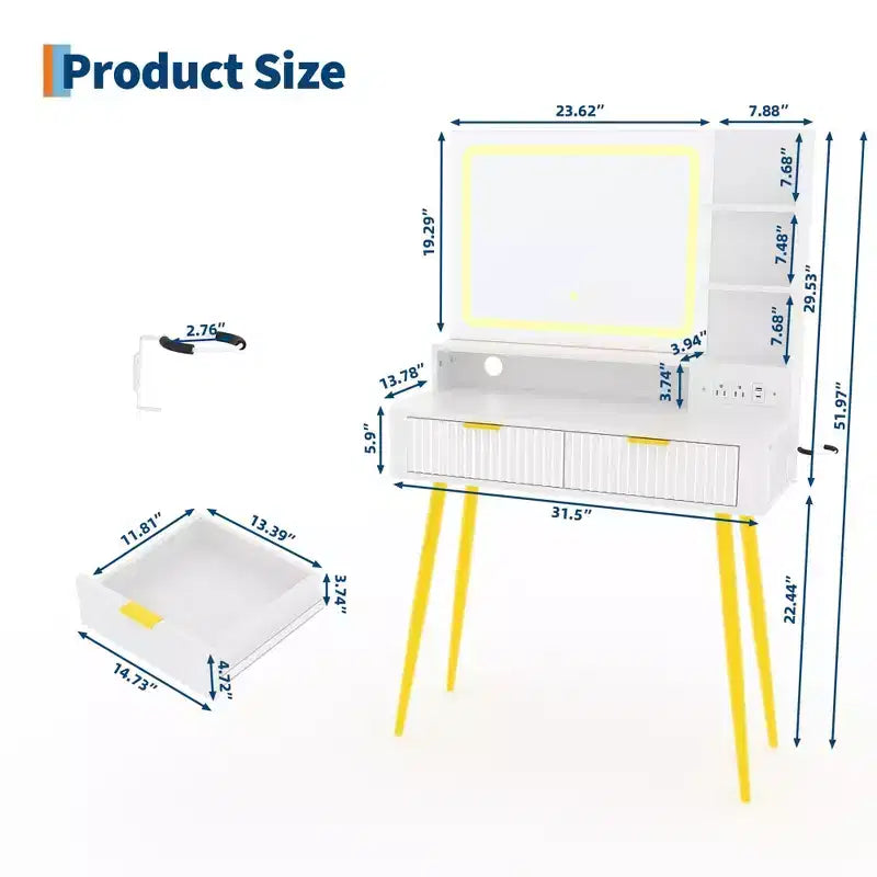 Coiffeuse de maquillage à LED de 31,5 pouces avec miroir et 2 tiroirs pour le rangement et l'organisation de la chambre
