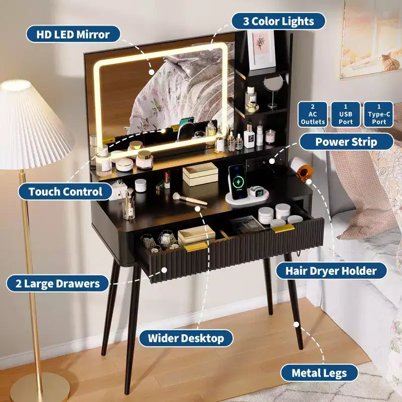 Coiffeuse de maquillage à LED de 31,5 pouces avec miroir et 2 tiroirs pour le rangement et l'organisation de la chambre