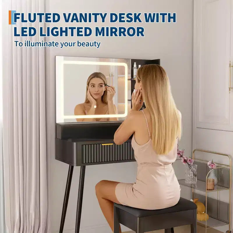 Coiffeuse de maquillage à LED de 31,5 pouces avec miroir et 2 tiroirs pour le rangement et l'organisation de la chambre