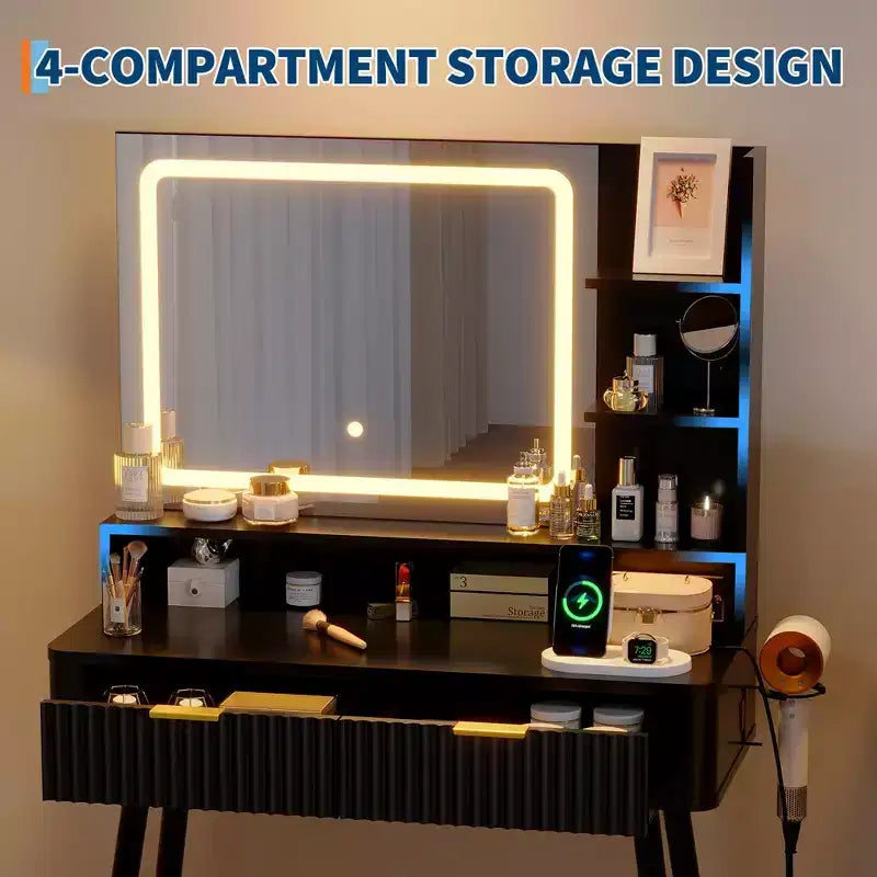 Coiffeuse de maquillage à LED de 31,5 pouces avec miroir et 2 tiroirs pour le rangement et l'organisation de la chambre