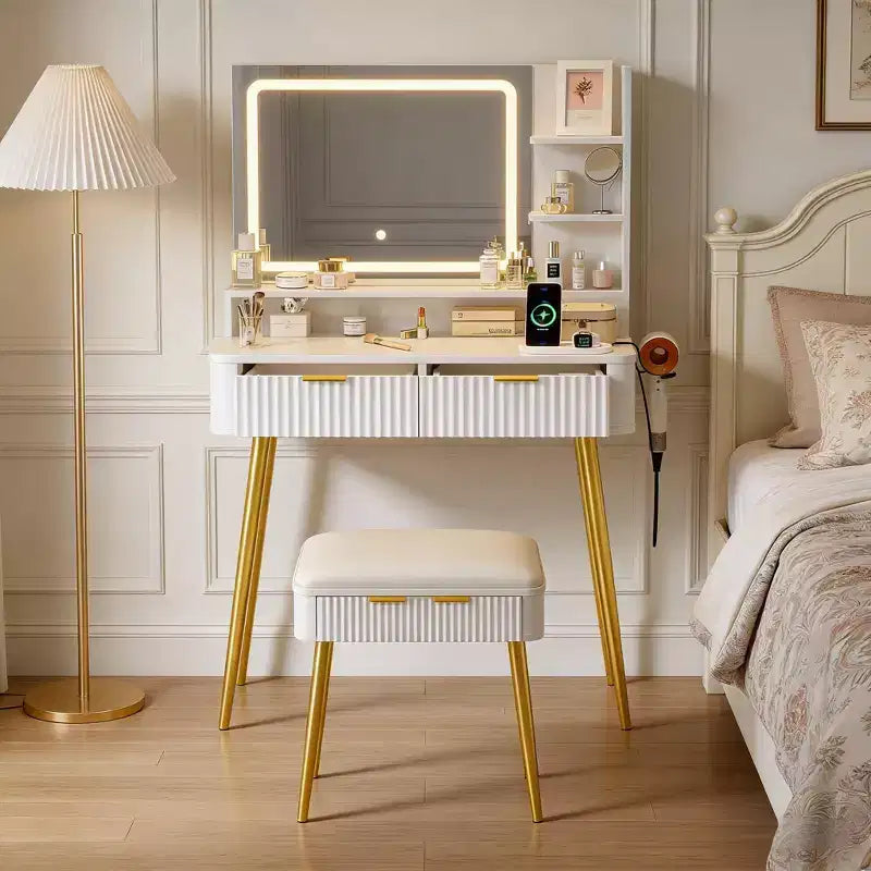 Coiffeuse de maquillage à LED de 31,5 pouces avec miroir et 2 tiroirs pour le rangement et l'organisation de la chambre