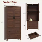 Grande armoire penderie en bois avec 2 tiroirs et 18 étagères réglables, haute armoire de rangement de chambre à coucher avec tringle de suspension et portes modernes