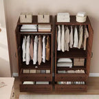 Grande armoire penderie en bois avec 2 tiroirs et 18 étagères réglables, haute armoire de rangement de chambre à coucher avec tringle de suspension et portes modernes