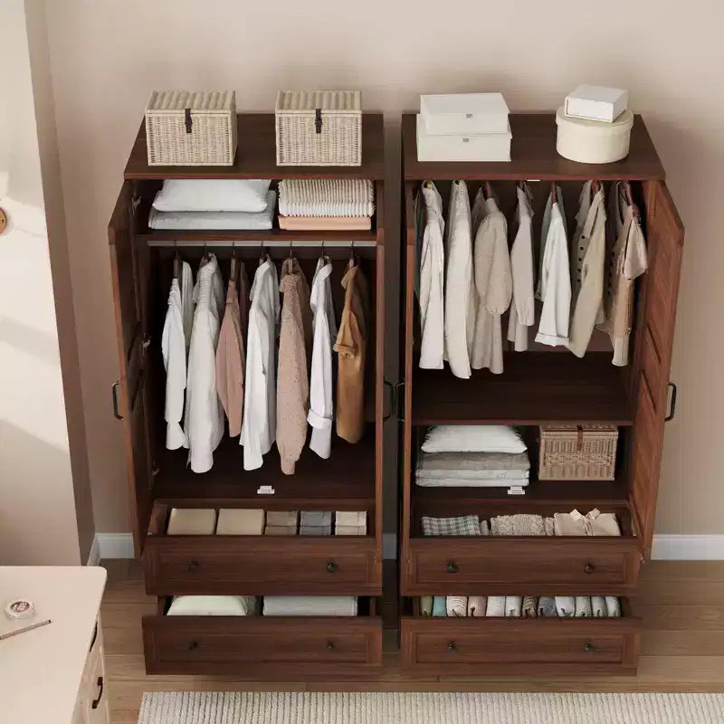 Grande armoire penderie en bois avec 2 tiroirs et 18 étagères réglables, haute armoire de rangement de chambre à coucher avec tringle de suspension et portes modernes