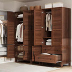 Grande armoire penderie en bois avec 2 tiroirs et 18 étagères réglables, haute armoire de rangement de chambre à coucher avec tringle de suspension et portes modernes