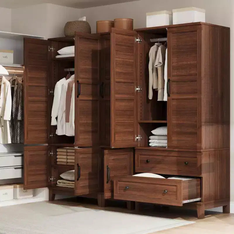 Grande armoire penderie en bois avec 2 tiroirs et 18 étagères réglables, haute armoire de rangement de chambre à coucher avec tringle de suspension et portes modernes
