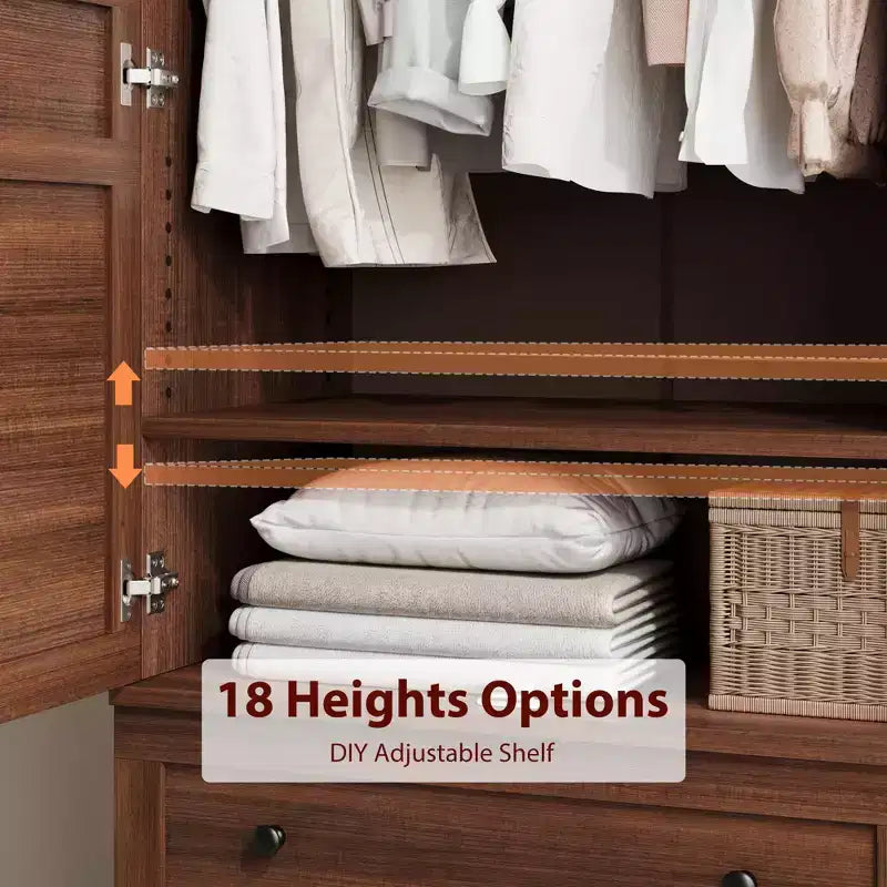 Grande armoire penderie en bois avec 2 tiroirs et 18 étagères réglables, haute armoire de rangement de chambre à coucher avec tringle de suspension et portes modernes