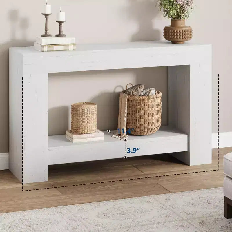Console de ferme avec base solide, table de canapé à 2 niveaux de 119 cm pour entrée ou salon, table d'appoint rustique en grain de bois - Blanc