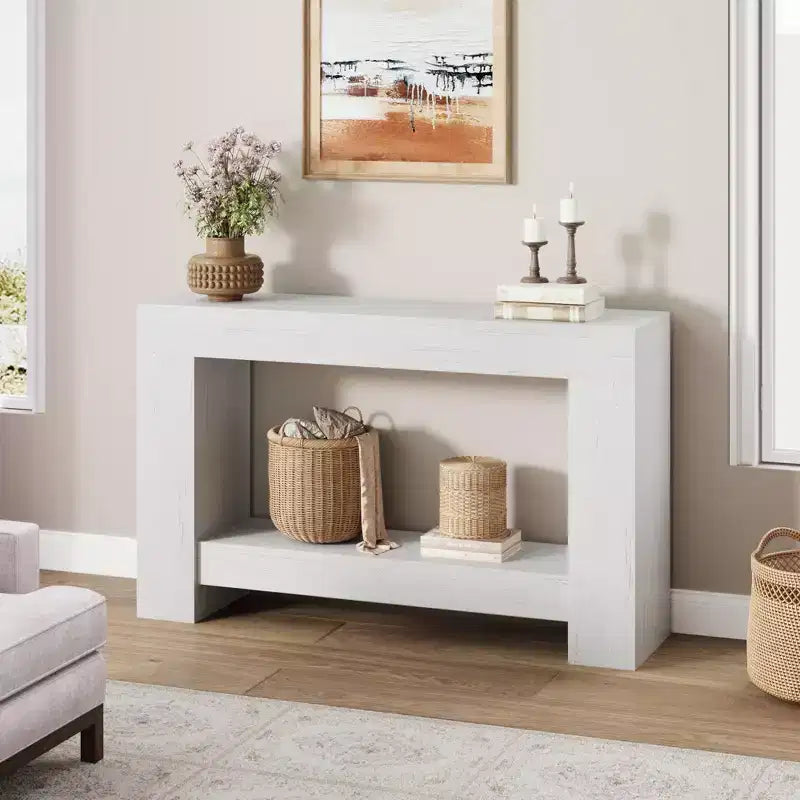 Console de ferme avec base solide, table de canapé à 2 niveaux de 119 cm pour entrée ou salon, table d'appoint rustique en grain de bois - Blanc