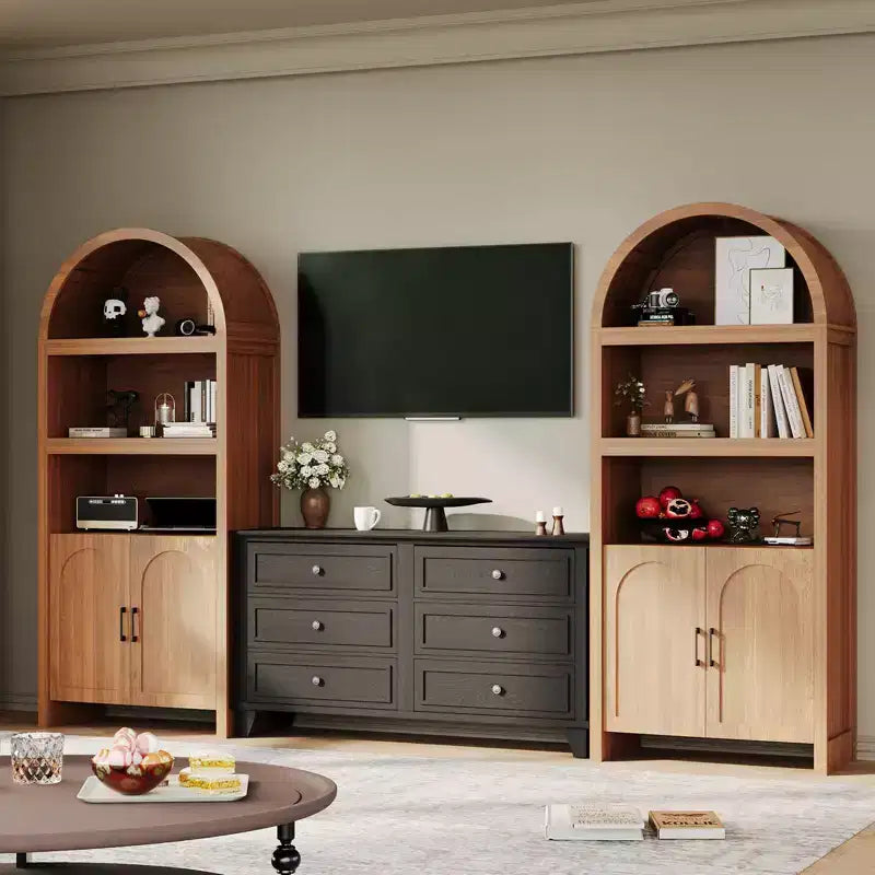 Armoire de rangement arquée haute de 71 po avec étagères ouvertes et portes, bibliothèque moderne à 5 niveaux pour salle à manger, cuisine ou salon - Marron