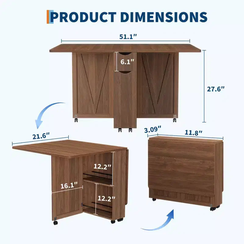 Table à manger pliante pour 4, table de cuisine rustique avec tiroir, étagère de rangement à 2 niveaux et 6 roulettes pour petits espaces